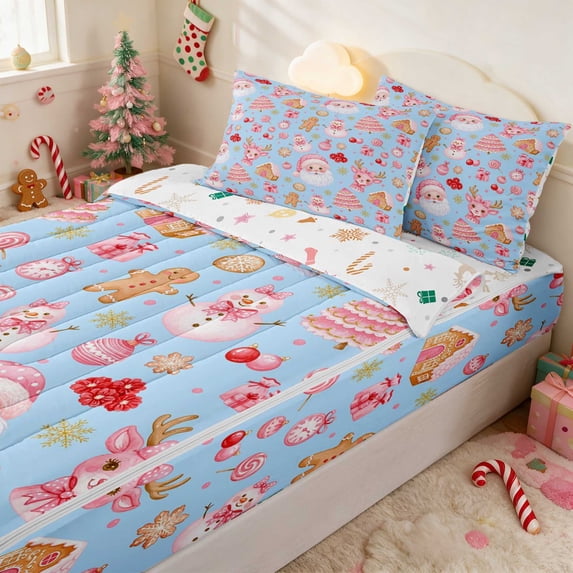 Manfei Santa Full Comforter Set Fitted Sheet 2 Pillowcases, Lavender Pink, Xmas Reversible