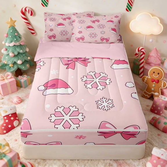 Manfei Santa Hat Holiday Twin Comforter Set with Fitted Sheet and 2 Pillowcases, Olive Cream