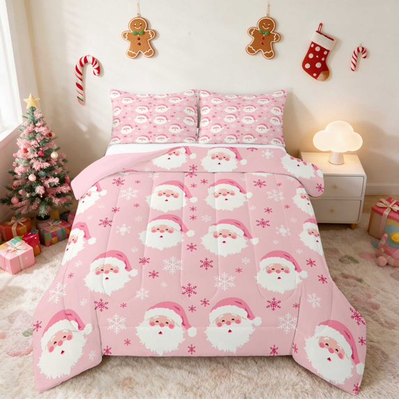 Manfei Santa Queen Comforter Set Holiday Comforter Sets Queen, Gray Red 3-Pieces 1 Comforter and 2 Pillowcases, Pink Reversible