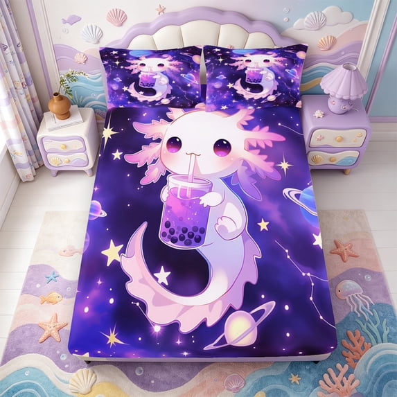 Manfei Sea Animal Axolotl Fitted Sheet Queen,Cute Salamander Pattern Bedding,3pcs,1 Fitted Sheet and 2 Pillowcases
