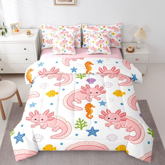 Manfei Sea Animal Axolotl Full Size Bedding Sets,Underwater Starfish Full Size Bed in a Bag For Girls,Multicolor,Pink Reversible,7-Piece