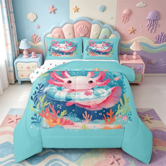 Manfei Sea Animal Axolotl King Size Comforter Sets,Cute Animals Print Comforters King Size,Polkadot Reversible,3pcs,1 Comforter and 2 Pillowcases