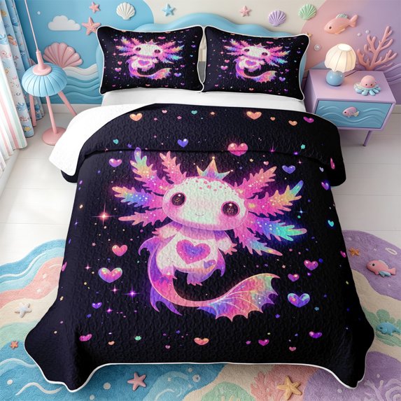 Manfei Sea Animal Axolotl Quilt Full,Aquatic Amphibian Print Full Bedspread Sets,3 Pieces,1 Coverlet and 2 Pillowcases