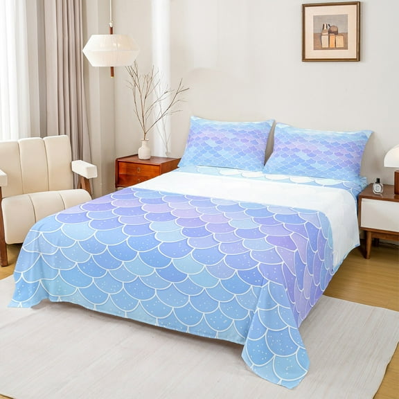 Manfei Sea Animal Twin Sheet Sets,Mermaid Fishtail Twin Fitted Sheet,Gradient Purple Blue Flat Sheet For Princess,Ultra Soft Home Decor,3 Pieces