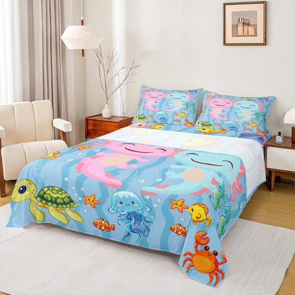 Manfei Sea Axolotl Full Size Sheets 4-Piece, Ocean Animal Crab Fish Bed Sheets, Cartoon Blue Sheet Sets, Breathable Home Decor