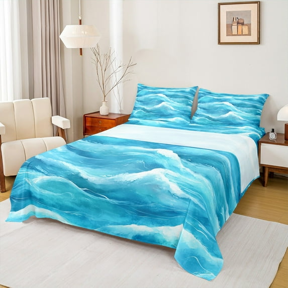 Manfei Sea Besch Full Size Sheets,Ocean Waves Bed Sheets,Hawaii Ocean Theme Sheet Sets For Boys Kids,Microfiber Bedroom Decor,4-Piece