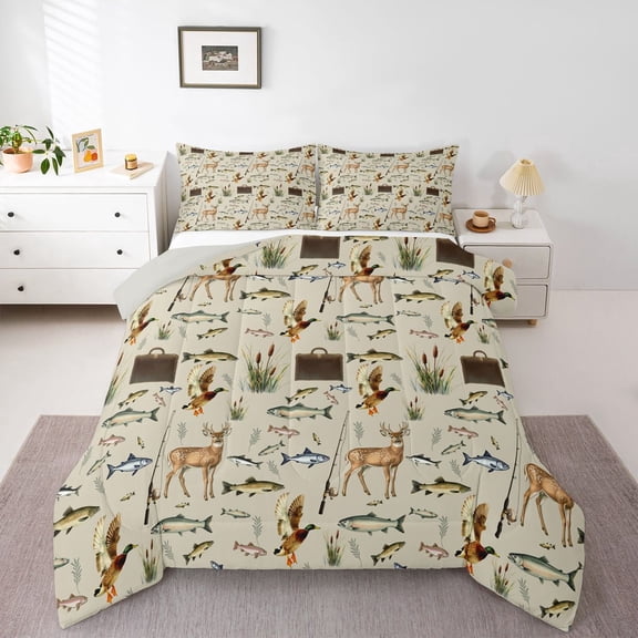 Manfei Sea Fish Print Queen Comforter Set,Lovely Deer Comforter Sets Queen,Beige,Light Gray Reversible,3-Piece,1 Comforter and 2 Pillowcases
