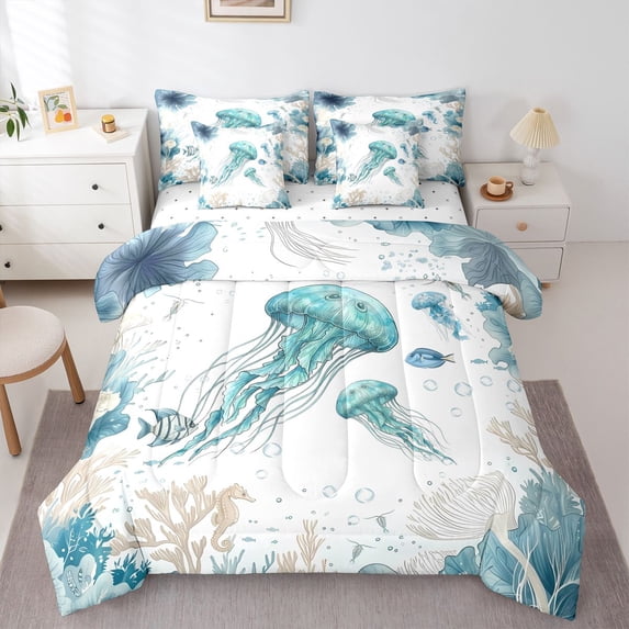 Manfei Sea Jellyfish 7-Piece Twin Bedding,Cartoon Ocean Animal Bedding Comforter Set,White Green,Reversible