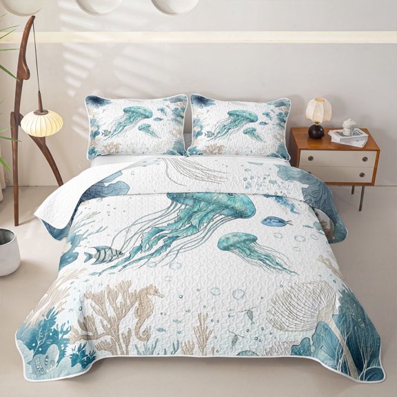 Manfei Sea Jellyfish Twin Quilt Set,Cartoon Ocean Animal Twin Coverlet Set,White Green,2 Pieces