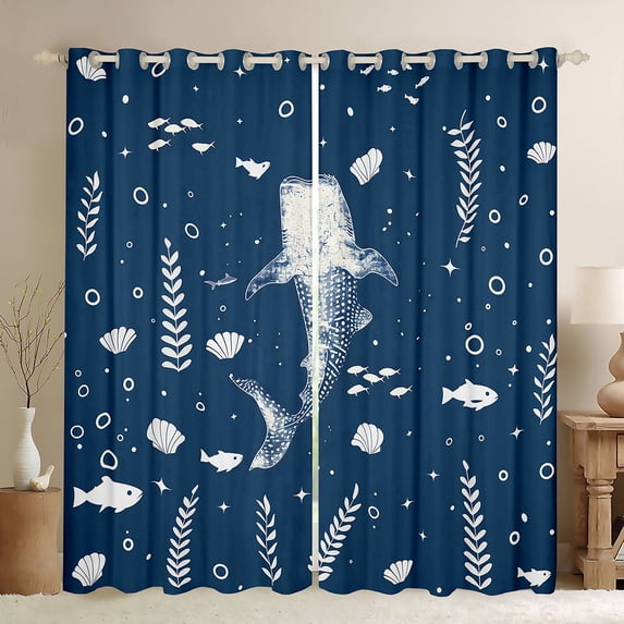 Manfei Sea Shark Curtains and Drapes Pack of 2 (52x63 Each), Cute Seashell Plant Black Out Curtains, Dark Blue