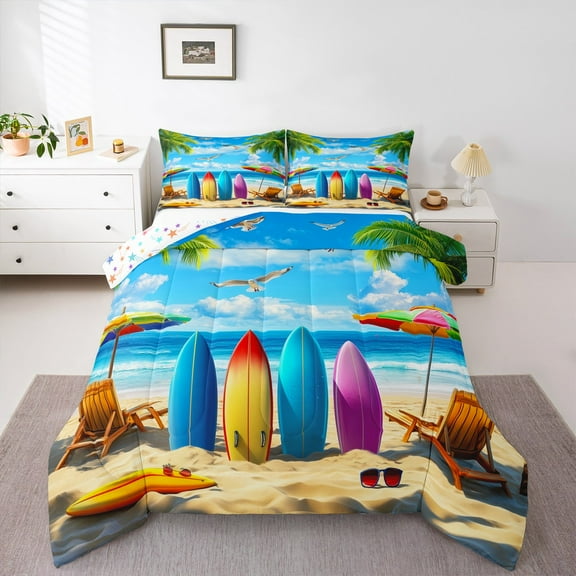 Manfei Sea Surfing 3 Pieces Queen Comforter Set,Ocean Beach Bedding Sets,Summer Holiday Bedding Comforter Set,Lightweight Tropical Room Decoration,Reversible