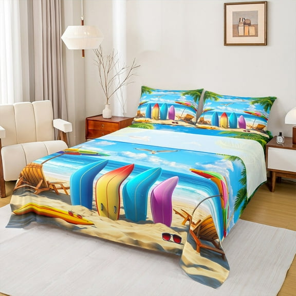 Manfei Sea Surfing 3pcs Twin Sheet Sets,Ocean Beach Twin Fitted Sheet,Summer Holiday Breathable Flat Sheet,Tropical Room Decoration