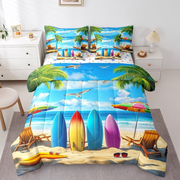 Manfei Sea Surfing 7-Piece Bedding Comforter Set,Ocean Beach King Bedding Sets,Summer Holiday Ultra Soft Bed Sheets,Lightweight Tropical Room Decoration,Reversible
