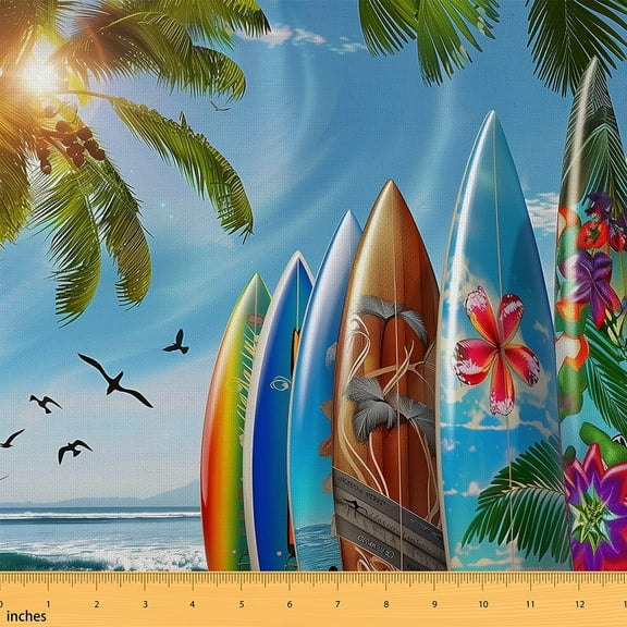 Manfei Sea Surfing Sewing & Crafting Fabric (1 Yard) for Kids Teens Boys, Surfboard Print Home Decor Fabric by the Yard, Tropical Beach DIY Fabric