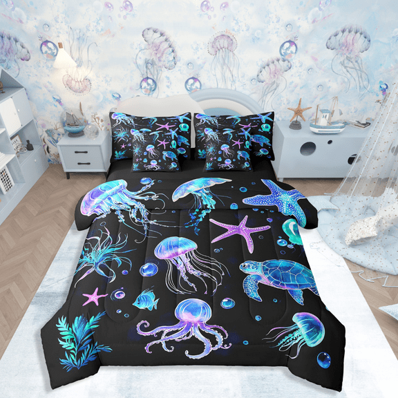 Manfei Sea Turtle 7pcs Bedding Comforter Set,Ocean Jellyfish Queen Bedding Sets Super Cozy,Marine Animal Queen Sheet Sets,Super Cozy Sealife Room Decor,Reversible