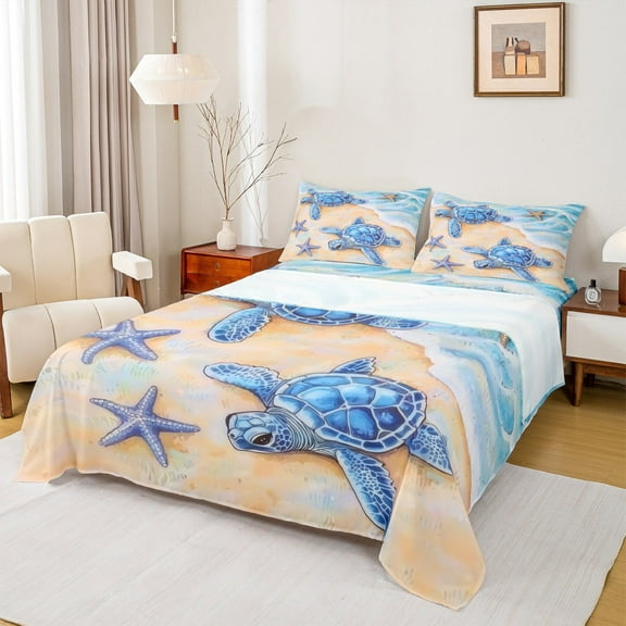 Manfei Sea Turtle Bed Sheets Set Twin Size, Blue Starfish Bed Sheets Twin, Kawaii Sealife Bedding Twin Size, Microfiber Bedroom Decorative, 3 Pieces