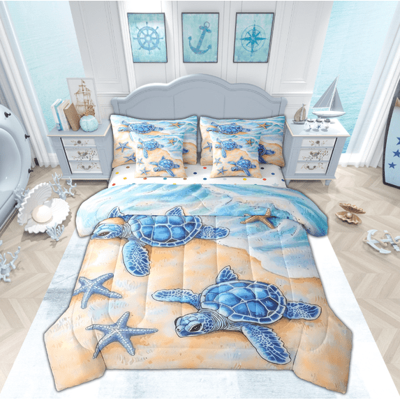 Manfei Sea Turtle Bedding King Size, Blue Starfish Bedding Sets King Size, Kawaii Sealife Reversible Comforter Sets with Sheets, Microfiber Bedroom Decorative, 7 Pieces