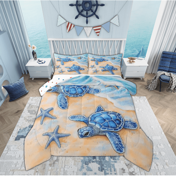 Manfei Sea Turtle Comforter Sets Twin Size, Blue Starfish Comforters & Duvets, Kawaii Sealife Reversible Bedding Twin Comforter Set, Microfiber Bedroom Decorative, 2 Pieces