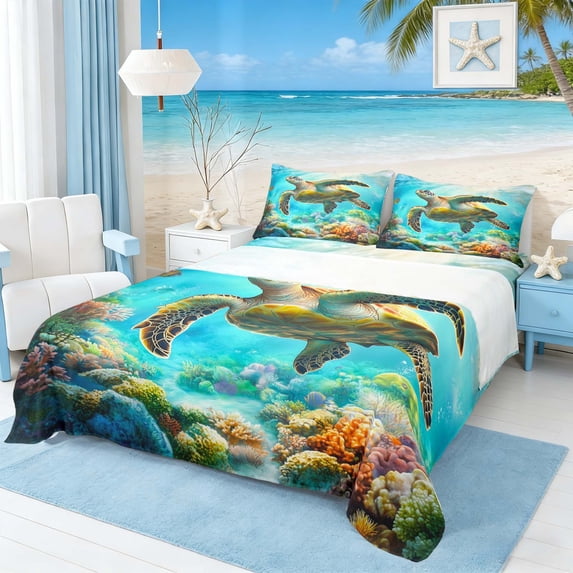 Manfei Sea Turtle Full Size Sheets for Kids Boys and Girls, Marine Life Print Bed Sheets 4-Piece, 1 Flat Sheet, 1 Fitted Sheet and 2 Pillowcases