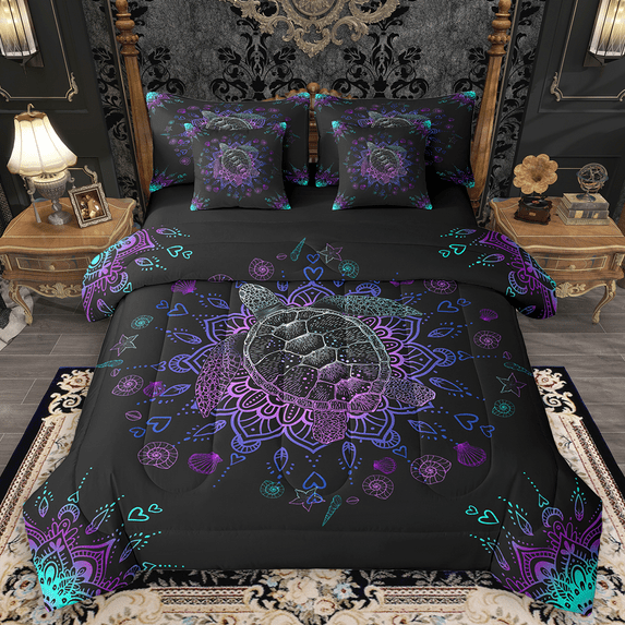 Manfei Sea Turtle Print Bedding Comforter Set 7-Piece, Gradient Mandala Full Bedding Set, Bohemian Flower Floral Fitted Sheet Flat Sheet, Microfiber Bedroom Decor