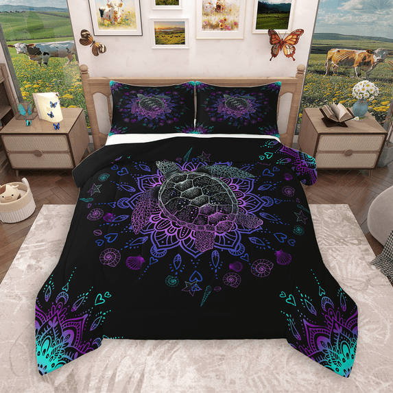 Manfei Sea Turtle Print Queen Comforter Set 3 Pieces, Gradient Mandala Bedding Sets, Bohemian Flower Floral Bedding Comforter Set, Microfiber Bedroom Decor