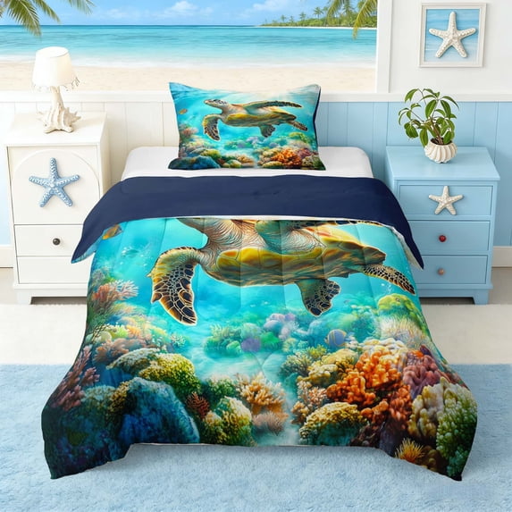 Manfei Sea Turtle Twin Comforter Sets for Kids Boys and Girls, Marine Life Print Bedding Set, Navy Reversible 2-Piece, 1 Comforter and 1 Pillowcase