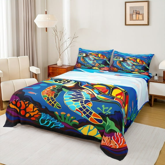 Feelyou Sea Turtle Twin Sheet Sets, Ocean Marine Animal Twin Fitted Sheet, Kawaii Sealife Flat Sheet, Ultra Soft Bedroom Decor, 3pcs