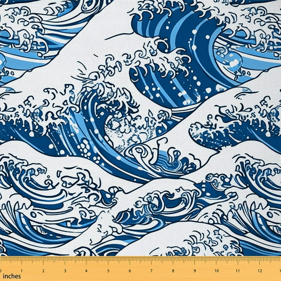 Manfei Sea Wave Sewing & Crafting Fabric (2 Yards), Marine Ocean Home Decor Fabric by the Yard, Blue White DIY Fabric