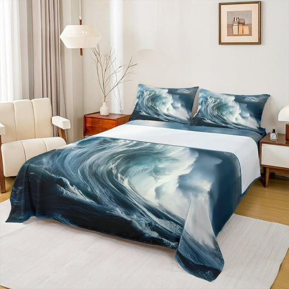 Manfei Sea Wave Storm Bed Sheets, Nature Disaster King Sheets, Ocean Marine Theme Sheet Set, Ultra Soft Home Decor, 4pcs