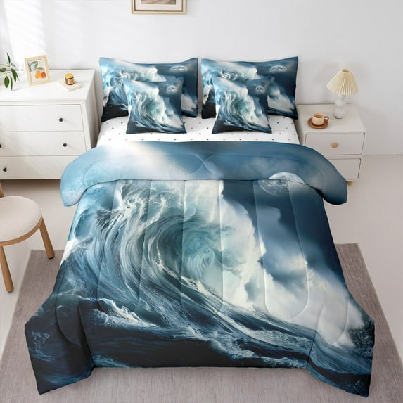 Manfei Sea Wave Storm Bedding Comforter Set 7pcs, Nature Disaster Queen Bedding Sets, Ocean Marine Theme Queen Sheet Sets, Ultra Soft Home Decor