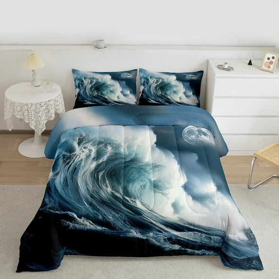Manfei Sea Wave Storm Full Size Comforter Sets, Nature Disaster Bedding Comforter Set, Ocean Marine Theme Bedding Sets, Ultra Soft Home Decor, 3pcs