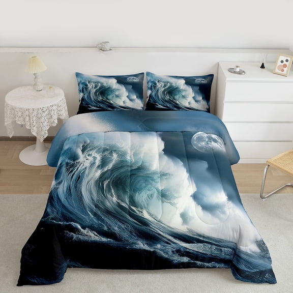 Manfei Sea Wave Storm Queen Comforter Set, Nature Disaster Bedding Sets, Ocean Marine Theme Bedding Comforter Set, Ultra Soft Home Decor, 3pcs