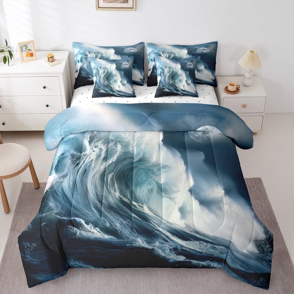Manfei Sea Wave Storm Twin Bedding Sets 7-Piece, Nature Disaster Bedding Comforter Set, Ocean Marine Theme Sheet Sets, Ultra Soft Home Decor