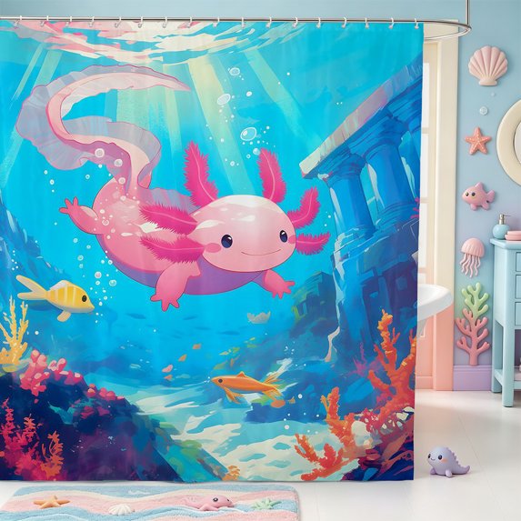 Manfei Sealife Animal Axolotl Shower Curtain 72Wx84L,Cute Salamander Pattern Bathroom Shower Curtain