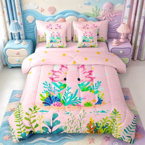 Manfei Sealife Axolotl 7-Piece Twin Bedding,Kawaii Ocean Animal Bedding Comforter Set,Pink Reversible