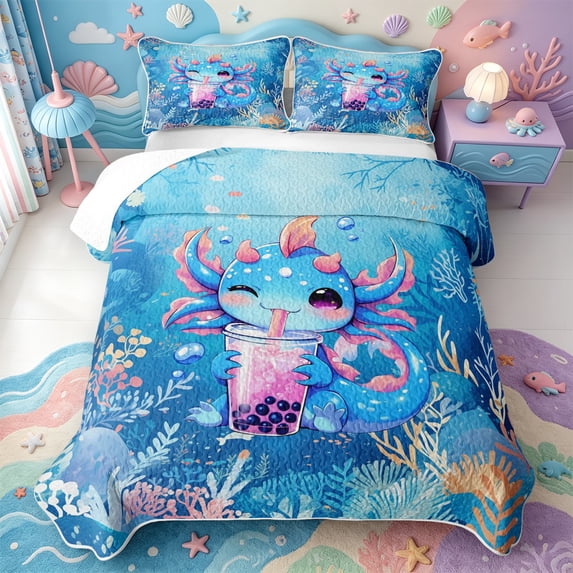 Manfei Sealife Axolotl Bed Spread Queen,Kawaii Animals Pattern Queen Coverlet Set,3pcs,1 Quilt and 2 Pillowcases