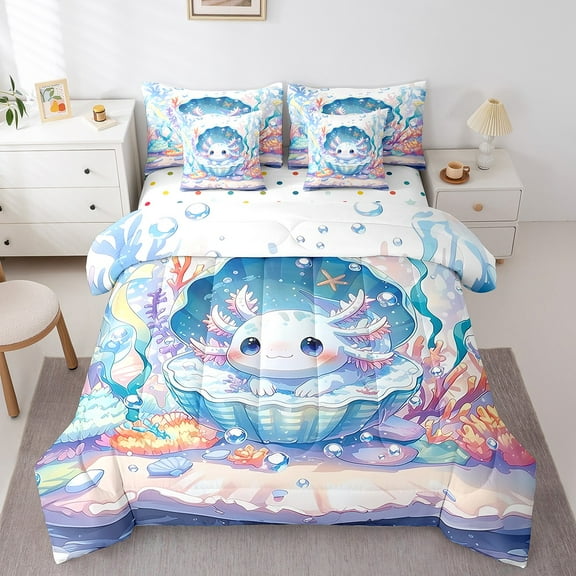 Manfei Sealife Axolotl Bedding Twin Size,Watercolor Shell Comforter Sets with Sheets,Ocean Sea Animal Bedding Sets Twin Size,Lightweight Bedroom Decor Reversible,7pcs