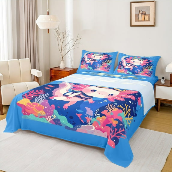 Manfei Sealife Axolotl Child Full Size Sheets, Ocean Adventure Bed Sheets, Marine Coral Sheet Sets, Breathable Home Decor, 4pcs