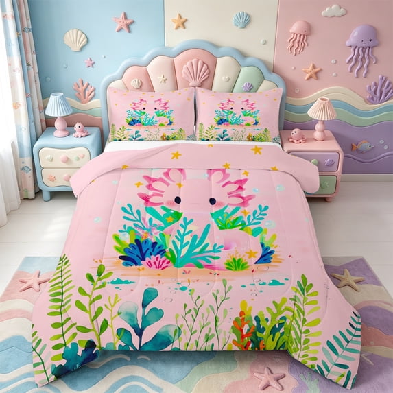Manfei Sealife Axolotl Full Size Comforter Sets,Kawaii Ocean Animal Bedding Comforter Set,Pink Reversible,3-Piece,1 Comforter and 2 Pillowcases