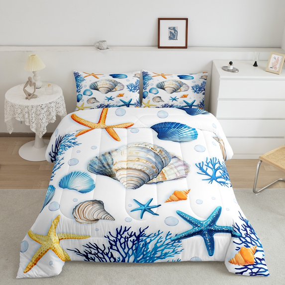 Manfei Sealife Seashell Bedding Full Comforter Set, Colorful Starfish Down Comforter, Cartoon Ocean Duvet Insert, Ultra Soft Room Decoration, 3pcs
