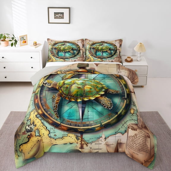 Manfei Sealife Trutle Bedding Comforter Set,Navigation Compass Twin Comforter Sets,World Map Bedding Set,Lightweight Bedroom Decoration Reversible,2 Pieces