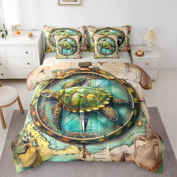 Manfei Sealife Trutle Twin Bedding Sets 7 Pieces,Navigation Compass Bedding Comforter Set 7 Pieces,World Map Sheet Sets,Lightweight Bedroom Decoration Reversible