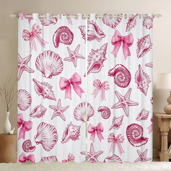 Manfei Seashell Bowtie Kitchen Curtains,Coastal Cute Black Out Curtains Pack of 2 (42x63 Each)