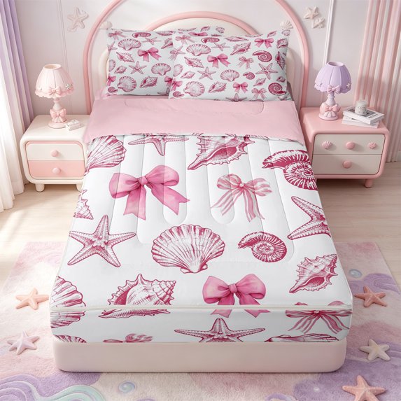 Manfei Seashell Bowtie Zipper Full Size Comforter Sets with Fitted Sheet and 2 Pillowcases,Coastal Cute Zipper Bedding Set,Pink Reversible,4 Pieces