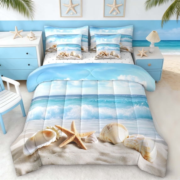 Manfei Seashell Starfish Beach Ocean Twin Bedding Sets for Kids Boys and Girls, Coastal Nature Print Bedding Comforter Set, Reversible 7pcs