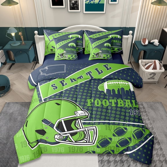 Manfei Seattle Twin Bedding Sets 7-Piece,Rugby Sports Bedding Comforter Set 7-Piece,American Ball Sport Sheet Sets,Breathable Room Decorative Reversible