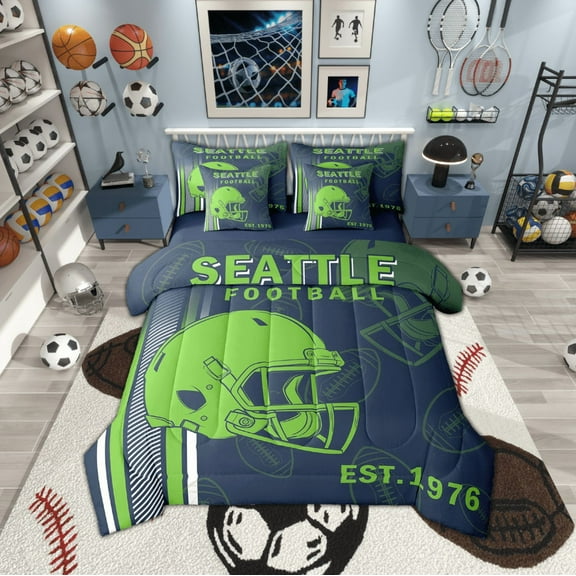 Manfei Seattle Twin Bedding Sets 7-Piece,Rugby Sports Bedding Comforter Set,American Ball Sport Sheet Sets For Boy Teens,Breathable Room Decorative,Reversible