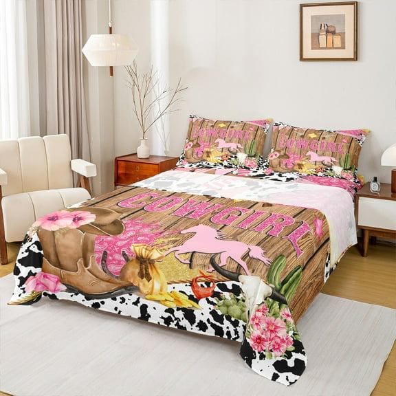 Manfei Sequin Cowgirl Print Twin Sheet Sets,Rustic Bull Skull Twin Fitted Sheet,Farm Horse Cattle Hide Flat Sheet For Girl,Breathable Home Decor,3-Piece