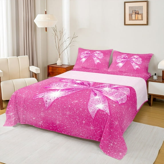 Manfei Sequin Print Bed Sheets Twin, Princess Bowknot Twin Sheet Sets, Deep Pink Bedding Sets Twin Size, Ultra Soft Room Decor, 3 Pieces