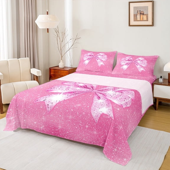 Manfei Sequin Print Bed Sheets Twin, Princess Bowknot Twin Sheet Sets, Hot Pink Bedding Sets Twin Size, Lightweight Bedroom Decoration, 3 Pieces